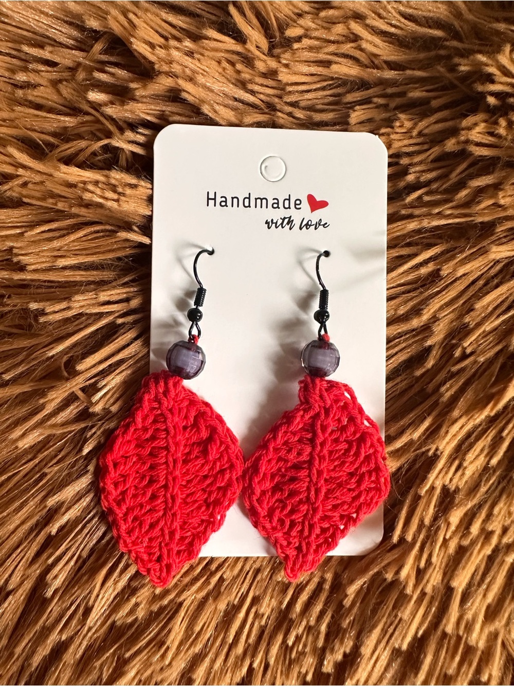 Handmade Red Crochet Leaf Earrings - Handmade with Love
